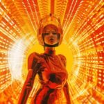 long distance shot, zoomed in, entered a wormhole made of glowing yellow birdcag...