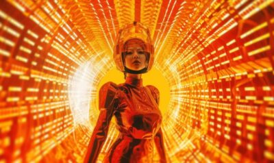 long distance shot, zoomed in, entered a wormhole made of glowing yellow birdcag...
