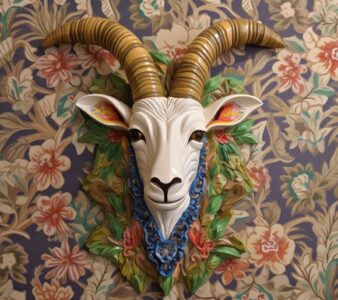 Colorful 3d plaster cast goat, wall decor, fine detail, super detail, with full ...