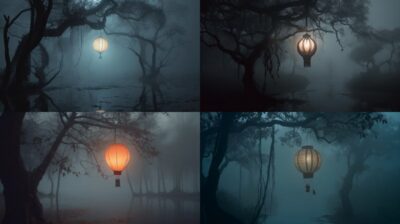 FOCUS: A ghostly yet mesmerizing image of delicate glowing Chinese lantern hangi...