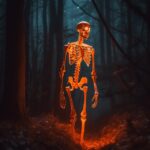 Eerie dslr photo of a fluorescent orange plastic skeleton in the haunted forest ...