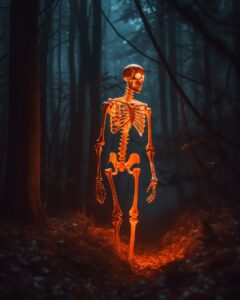 Eerie dslr photo of a fluorescent orange plastic skeleton in the haunted forest ...