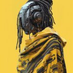 Head and shoulder view of a very sleek cyberpunk robot mecha with yellow dreadlo...
