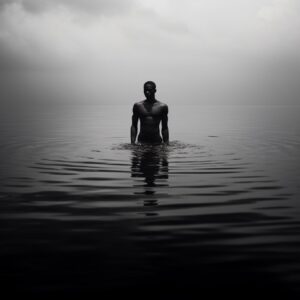 Black white dark blue brown image of dark skinned man standing on infinite water...