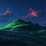 a green hill, in the style of dreamlike visuals, anime art, light crimson and bl...