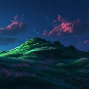 a green hill, in the style of dreamlike visuals, anime art, light crimson and bl...