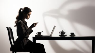Side view of smiling woman looking at laptop on table and drinking coffee. minim...