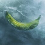Overhead view of the blurred outline of a green banana frozen under the surface ...