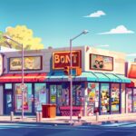 Funny vector cartoon city street corner with a comic book store and a superhero ...