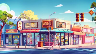 Funny vector cartoon city street corner with a comic book store and a superhero ...