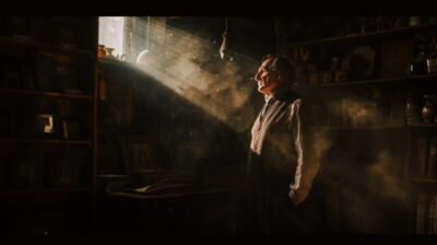 In the dim interior of an antique shop, a man in his mid-forties stands in a foc...