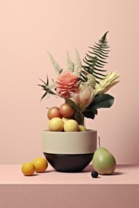 Minimalist flat lay with wild flowers and fruit on a white background::4 , basal...