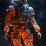 Skeletal astronaut with skull in a modern plastic suit, fire around, stylish and...