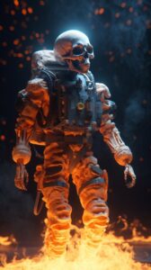 Skeletal astronaut with skull in a modern plastic suit, fire around, stylish and...