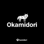 Minimal Japanese teahouse logo "Okamidori", with a simple white side view wolf l...