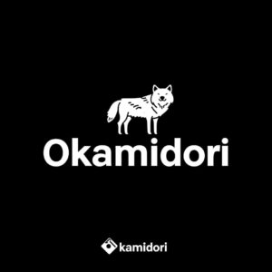Minimal Japanese teahouse logo "Okamidori", with a simple white side view wolf l...