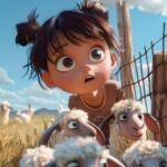 pixar style. A three-year-old girl with sleek brown pixie-cut hair and no ponyta...