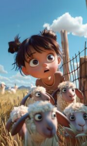 pixar style. A three-year-old girl with sleek brown pixie-cut hair and no ponyta...