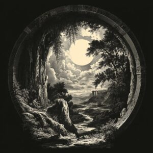 a detailed vintage engraving of the lush landscape of ancient times, isolated on...