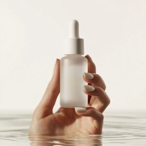 Create a marketing image featuring a skincare product held by a well-groomed han...