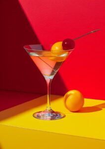 an object in a cocktail glass, staged photography, dan matutina, bold patterns, ...
