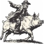 vintage style simple illustration of a man riding a running pig; side view, blac...