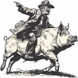 vintage style simple illustration of a man riding a running pig; side view, blac...