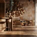 house interior, wood furnitures, march concept, leaf textured walls, wood floor,...