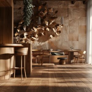 house interior, wood furnitures, march concept, leaf textured walls, wood floor,...