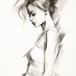 Contour drawing, black pencil sketch of the silhouette of a girl on a white back...
