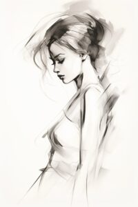 Contour drawing, black pencil sketch of the silhouette of a girl on a white back...