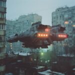 90s disposable camera, dystopian russian neighborhood , spaceship from starwars ...