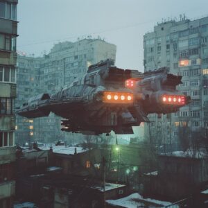 90s disposable camera, dystopian russian neighborhood , spaceship from starwars ...