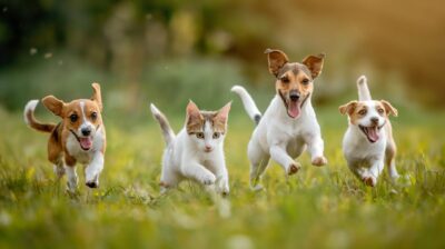 Cute funny dog and cat group jumps and running and happily a field blurred backg...