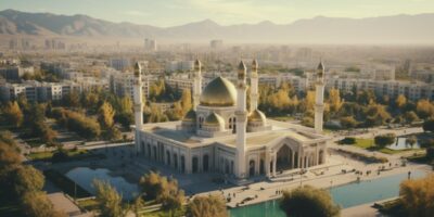 Ultra-realistic and hyper detailed drone shot picture of [Tajikistan city] as sh...