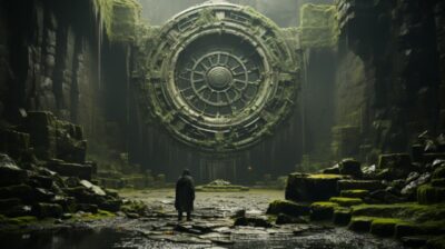 On an ancient Valhalla viking ruin in the iceland, there is a huge biomechanical...