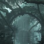 Ancient stone Arch Of Triumph building in watery swamp, foggy morning in a mysti...