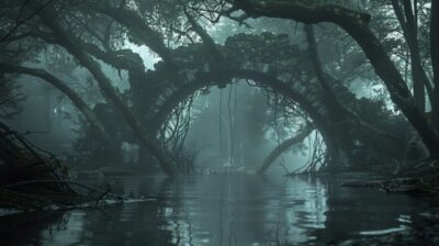 Ancient stone Arch Of Triumph building in watery swamp, foggy morning in a mysti...
