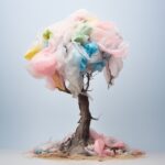 a tree wrapped in plastic trash bags in different pale pastel colors on a white ...