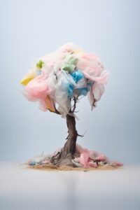 a tree wrapped in plastic trash bags in different pale pastel colors on a white ...