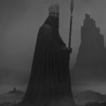 Epic scene, art presents a haunting figure, a woman with a crown and a spear, pa...