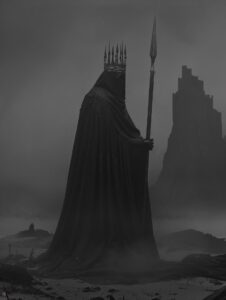 Epic scene, art presents a haunting figure, a woman with a crown and a spear, pa...