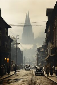 the city street was a thriving street, swiss style, post-war, wimmelbilder, eine...