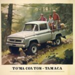 A 1960's print advertisement for a gray 1965 Toyota Tacoma. Small Off - road cap...