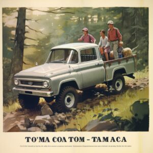 A 1960's print advertisement for a gray 1965 Toyota Tacoma. Small Off - road cap...
