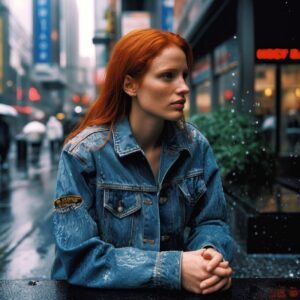 Jessica chastain looking model with ultra realistic pored skin dark hair wearing...
