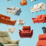 realistic photo. Worm´s-eye view. Many different modern sofas and armchairs flyi...