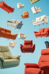 realistic photo. Worm´s-eye view. Many different modern sofas and armchairs flyi...
