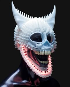Futuristic black molen alien wearing ivory mask made of glowing luminescent fang...
