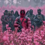 well framed photography, zoomed in, deadpool stands with a crew of gang members,...